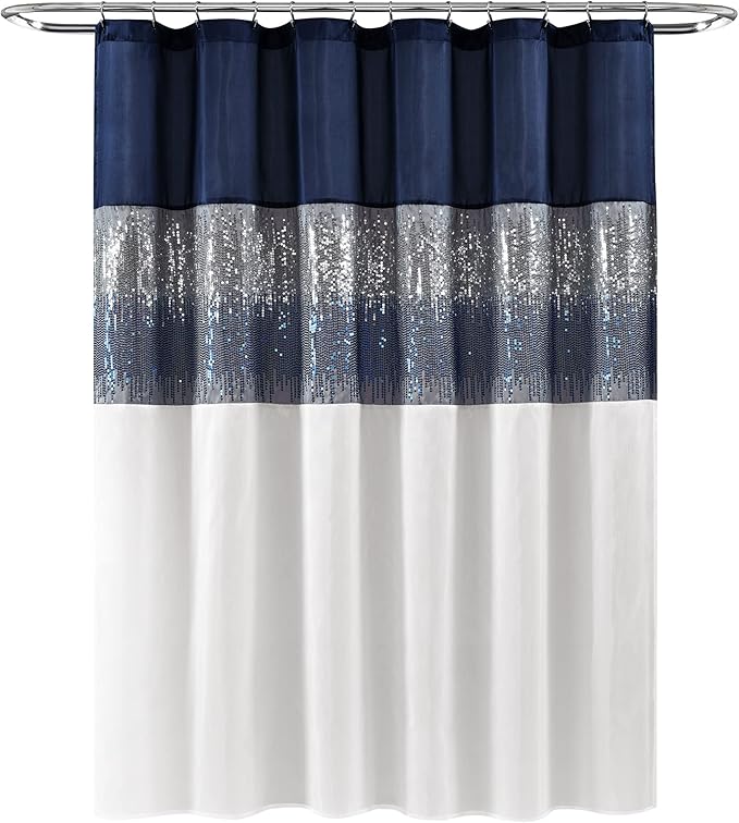 Lush Decor Night Sky Shower Curtain, Single, 72" W x 78" L, Navy & White - Sequin Shower Curtain - Sparkly Color Block Bath Curtain - Modern Glam Bathroom Decor - Extra Long Shower Curtain