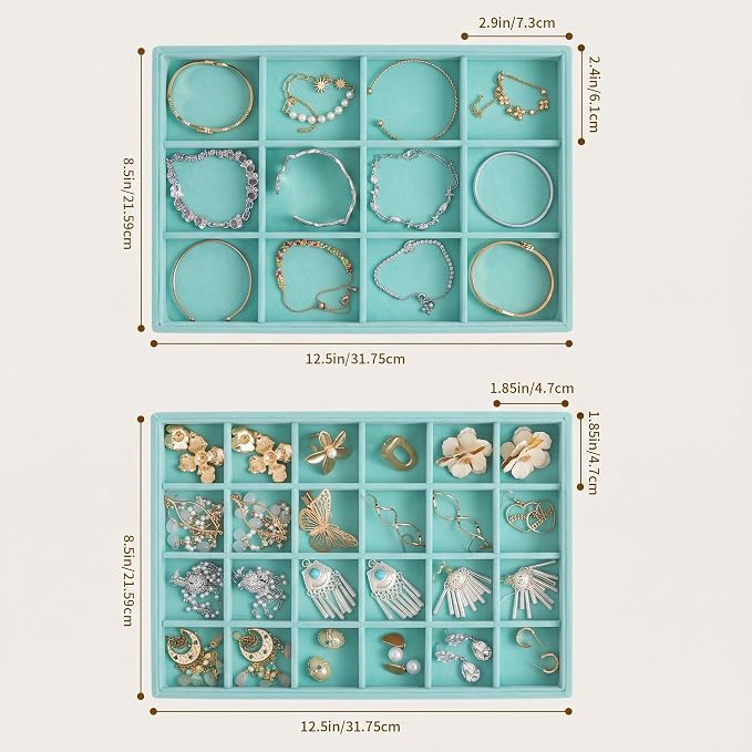 Frebeauty Jewelry Trays for Drawer,Set of 2 Jewelry Organizer and Storage | Velvet Material,Stackable,Adjustable Dividers,Drawer Inserts for Rings Studs Bracelet,Earring Organizer for Women Girls