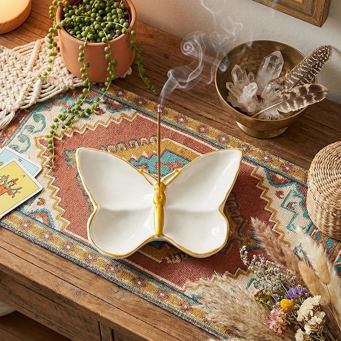 Butterfly Incense Holder for Sticks, Handmade Ceramic Incense Burner, Sage Stick Burner and Palo Santo Holder for Zen Yoga Spa Meditation Home Decor, Butterfly Spiritual Gifts for Women Mom
