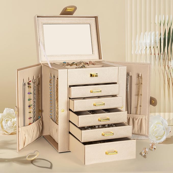 AKOZLIN 6-Tier Jewelry Box Organizer Functional 5 Drawers Leather Jewelry Storage Case for Women Girls Ring Necklace Earring Bracelet Holder Organizer with Mirror Champagne Regular