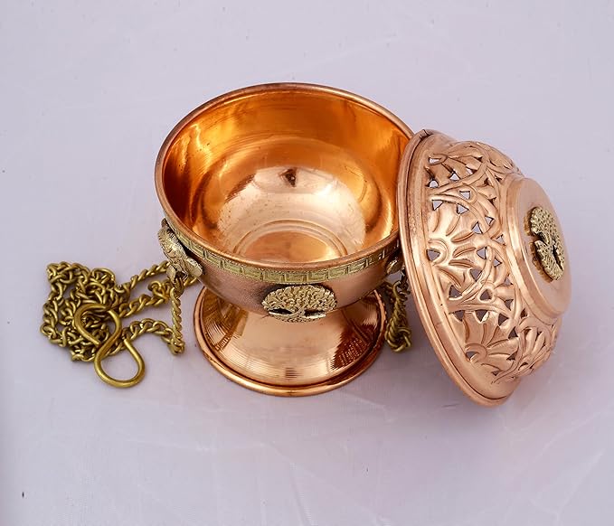 Indian Consigners Copper Altar Incense Charcoal Burner Holder with Chain (Tree of Life)
