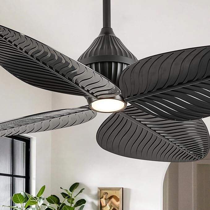 52" Tropical Ceiling Fans with Lights, Indoor Palm Leaf Ceiling Fan with Light and Remote for Living Room Bedroom, ABS Blades, Dimmable LED Lights, 6 Speeds, Adjustable Height-Black