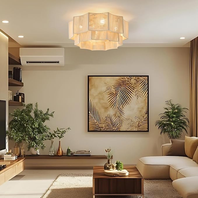 Hand-Woven Bohemian Ceiling Fan with Light, 20" Hexagonal Flush Mount Cotton Fan, Quiet DC Motor with Remote, 6-Speed Reversible Airflow, Transparent Blades for Bedroom Living Room Nursery