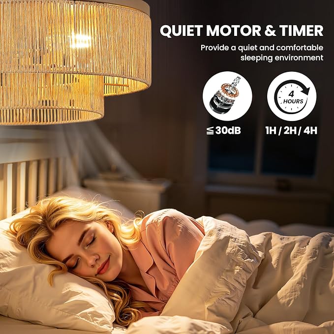RUIYEY Retractable Ceiling Fans with Lights: 20 inch Low Profile Ceiling Fans with Remote Control, 4 Blades 6 Speeds DC Reversible LED Flush Mount Rattan Ceiling Light Fixtures for Bedroom Kitchen