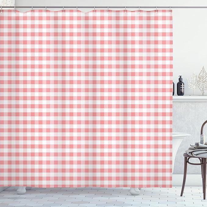 Ambesonne Checkered Shower Curtain, Monochrome Gingham Checks Classical Country Culture Old Fashioned Grid Design, Cloth Fabric Bathroom Decor Set with Hooks, 69" W x 84" L, Pastel Pink