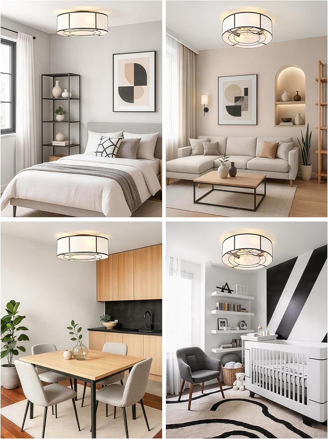 Low Profile Ceiling Fans with Lights, 20" Flush Mount Ceiling Fan with Light, Black and White Boho Bladeless with 6 Speeds Remote Control for Bedroom, Nursery, Living Room
