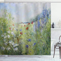 Ambesonne Flower Shower Curtain, Summer Terrace Gate with Colorful Flowers in a Garden House in Greece Image, Cloth Fabric Bathroom Decor Set with Hooks, 69" W x 84" L, Green White