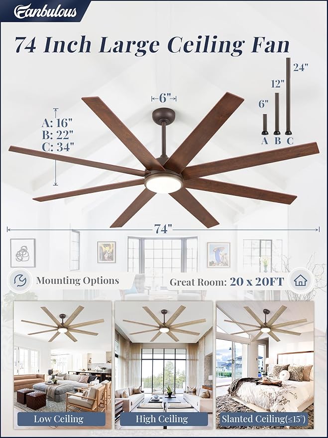 Fanbulous 74 Inch Ceiling Fans with Lights and Remote, Walnut Indoor/Outdoor Ceiling Fan with Quiet Reversible DC Motor, 6 Speeds, 3CCT, 8 Blades Large Ceiling Fan for Living Room Bedroom Patio