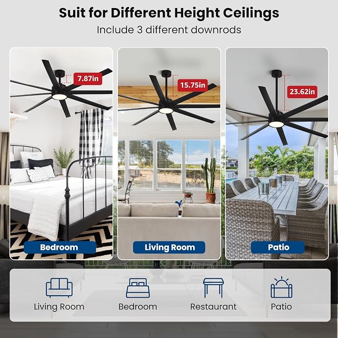 Conciseer Modern Ceiling Fans with Lights, 84 Inch Ceiling Fan with Light and Remote,Living Room Library Cafe Outdoor/Industrial, 3CCT 8 Blades 6 Speed Reversible Quiet DC Motor, Black/A