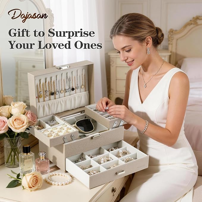 Dajasan Jewelry Organizer Box, Large Jewelry Boxes for Women Girls, Space-Saving 3 Layers Jewelry Storage Case with Drawer, Movable Metal Stand, Modern, Gift Idea (Champagne)