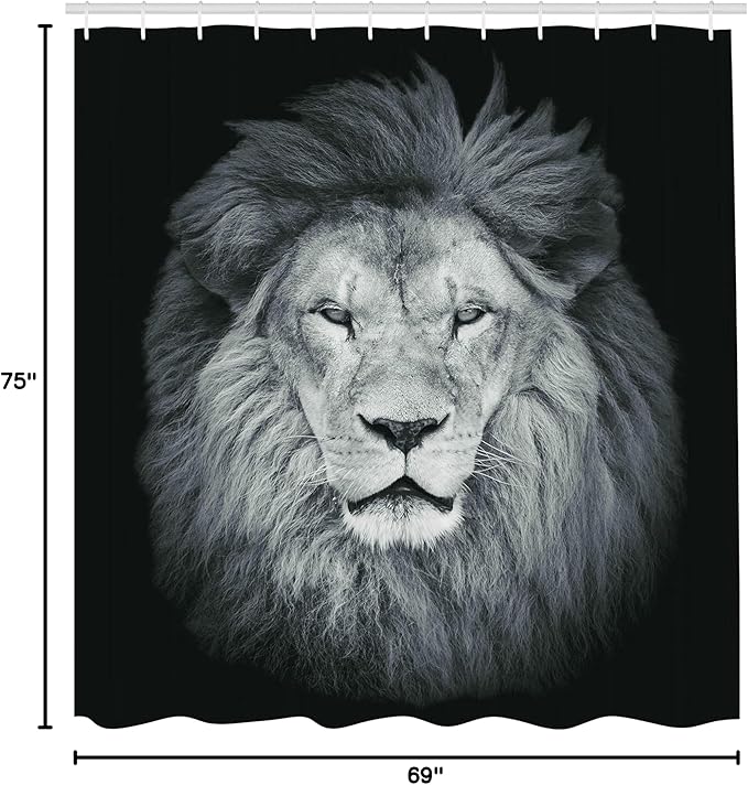 Ambesonne Savannah Shower Curtain, Huge Lion Head with Fure Mane Against Dark Background Monochromic, Cloth Fabric Bathroom Decor Set with Hooks, 69" W x 75" L, Green Grey