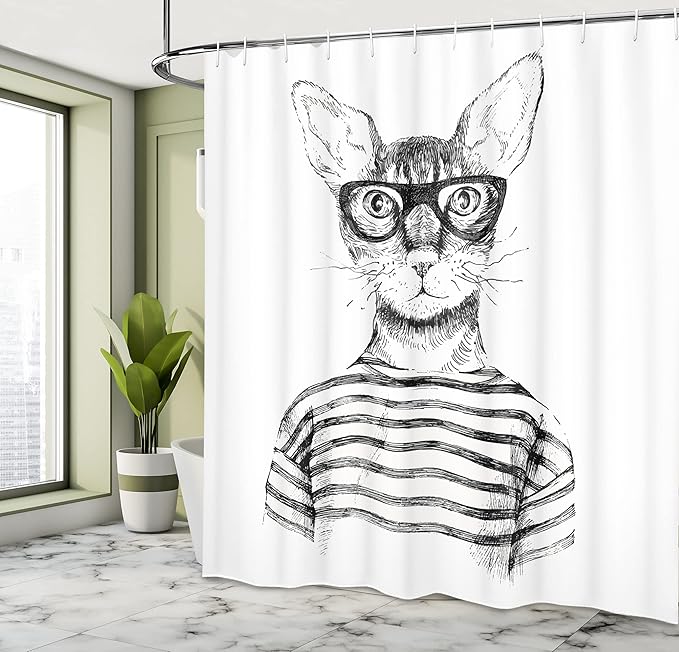 Ambesonne Cat Shower Curtain, Hand Drawn Dressed up Hipster New Age Cat Fashion Urban Free Art Print, Cloth Fabric Bathroom Decor Set with Hooks, 69" W x 84" L, Gray White