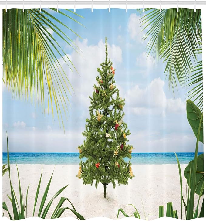 Ambesonne Christmas Shower Curtain, Tree Tinsel and Ornaments Tropical Island Sandy Beach Party Theme, Cloth Fabric Bathroom Decor Set with Hooks, 69" W x 84" L, Green Blue Cream