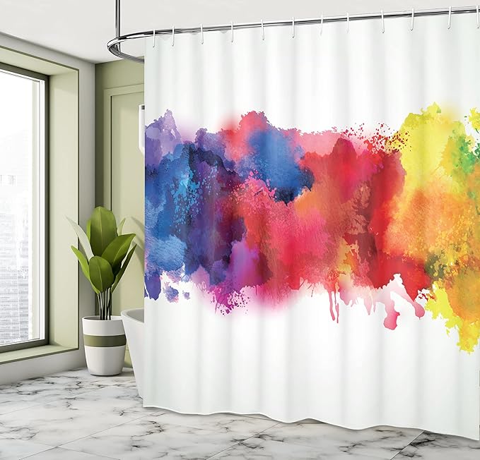 Ambesonne Abstract Shower Curtain, Vibrant Stains of Watercolor Paint Splatters Brushstrokes Dripping Liquid Art, Cloth Fabric Bathroom Decor Set with Hooks, 69" W x 75" L, Yellow Blue