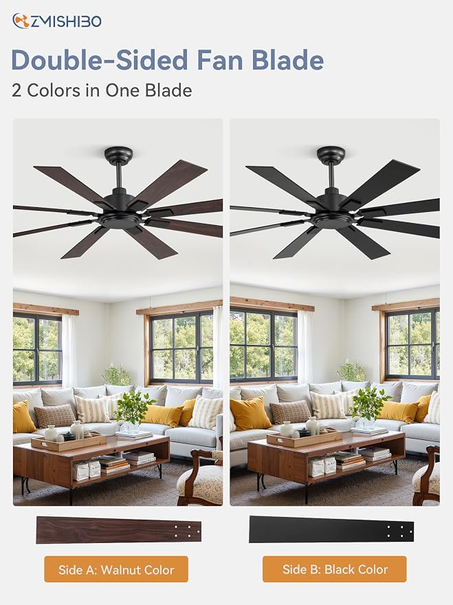 ZMISHIBO 62 Inch Ceiling Fan No Light with Remote Control, 8 Blades Quiet DC Reversible Motor, 6-Speed, Timer, Black Finish, Indoor Outdoor Ceiling Fans for Patios, Living Room, Garage