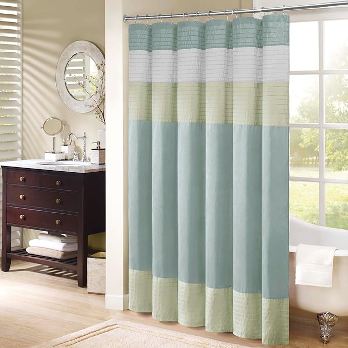Madison Park Amherst Bathroom Shower Curtain Faux Silk Pieced Striped Modern Microfiber Bath Curtains, 72x72 Inches, Green