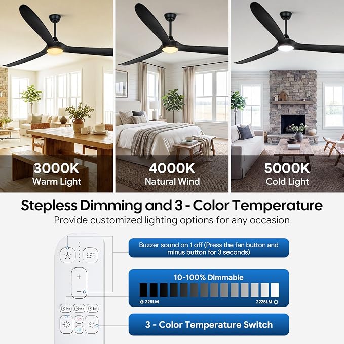 Ceiling Fans with Lights, 82 Inch Extra Large Black Ceiling Fan with Remote, 3 Wood Blades DC Motor, High CFM, Noiseless, Propeller Damp Rated Outdoor Ceiling Fan for Patios, Exterior