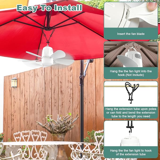 Gliztech Canopy Fan 20.5'', Portable Outdoor Ceiling Fan with Light with Remote Control and Extension Hook, Easy Operation Battery Powered Fan Light for Gazebo, Tent, Patio, Camping (20.5 inch)