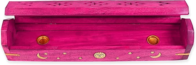 Incense Garden Pack of 2 Incense Stick Holder - Coffin Style - Wood Incense Stick Burner with Sun Moon Star Handmade with Brass Inlays (Pink)