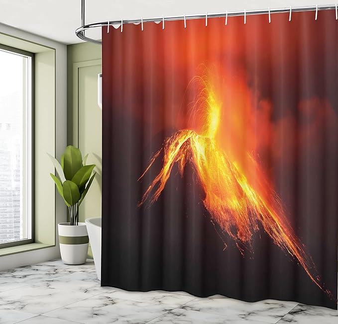 Ambesonne Volcano Shower Curtain, Tungurahua Volcano in Ecuador Exploding at Night Nature and Geology, Cloth Fabric Bathroom Decor Set with Hooks, 69" W x 75" L, Orange Yellow