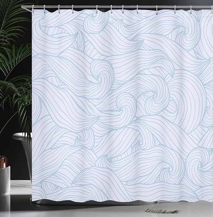 Ambesonne Ocean Shower Curtain, Abstract Pattern Waves and Cloud Fashion Modern Style Work of Art, Cloth Fabric Bathroom Decor Set with Hooks, 69" W x 75" L, Pale Blue