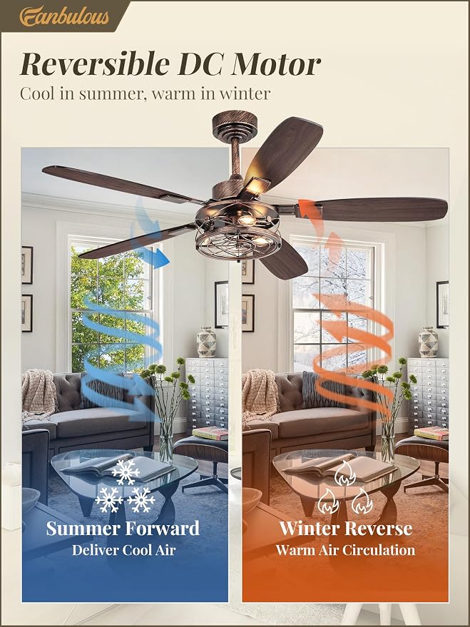 Farmhouse Ceiling Fan with Light and Remote, Industrial Caged Flush Mount Ceiling Fans with 6 Speed Reversible Motor and Dual Finish 5 Blades, for Living room, Bedroom (Black and Gold, 52Inch)