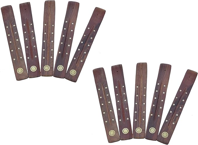 10 Pack Sun Brass Inlay Handmade Wooden Incense Stick Holders, Ash-Catchers