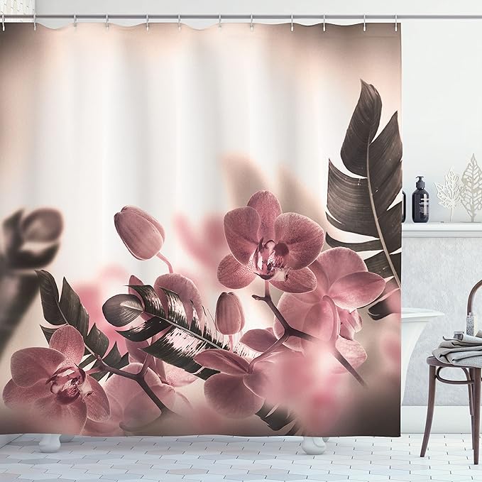 Ambesonne Tropical Shower Curtain, Exotic Orchids Blossom Leaves on Blurred Background Floral Themed Modern Art, Cloth Fabric Bathroom Decor Set with Hooks, 69" W x 84" L, Dried Rose