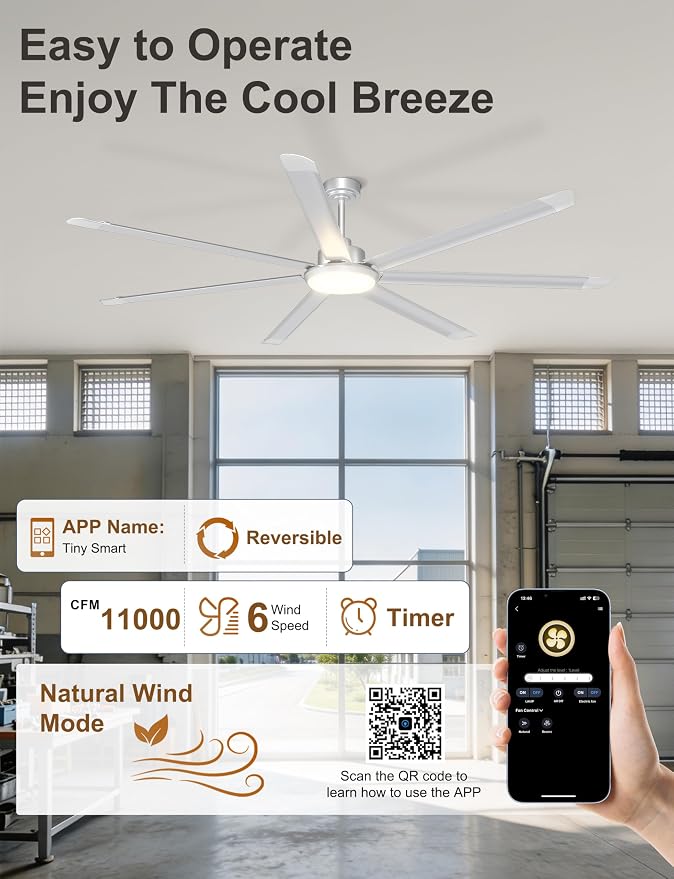 Ohniyou 84'' Industrial Ceiling Fan with Light for Shop, Garage, Silver | 11000 CFM Airflow, 7 Aluminum Blades, 3CCT, Remote/APP Control, 6 Speeds, Reverse Mode, Large Commercial Metal Fan for Gym