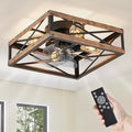 LEDIARY Caged Flush Mount Square Ceiling Fans with Lights and Remote | 6 Speed and Reversible, Small Farmhouse Rustic Bladeless Ceiling Fan Low Profile for Bedroom, Kitchen, Dining Room