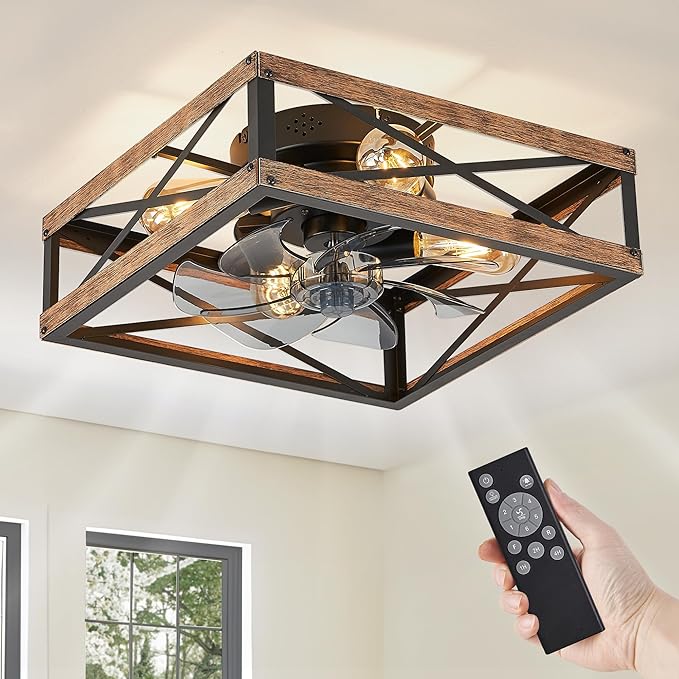 LEDIARY Caged Flush Mount Square Ceiling Fans with Lights and Remote | 6 Speed and Reversible, Small Farmhouse Rustic Bladeless Ceiling Fan Low Profile for Bedroom, Kitchen, Dining Room