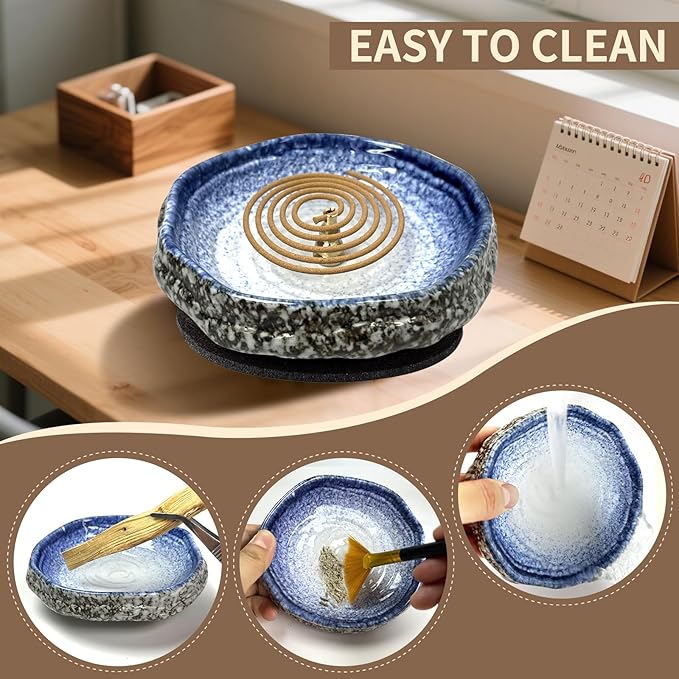 Handmade Ceramic Incense Burner, Ash Catcher for Sticks, 9 Incense Holes Suitable for Most Types, Cones, Palo Santo & Sage, Ideal for Meditation, Incense Smudging, and Home Decor (Blue&White)