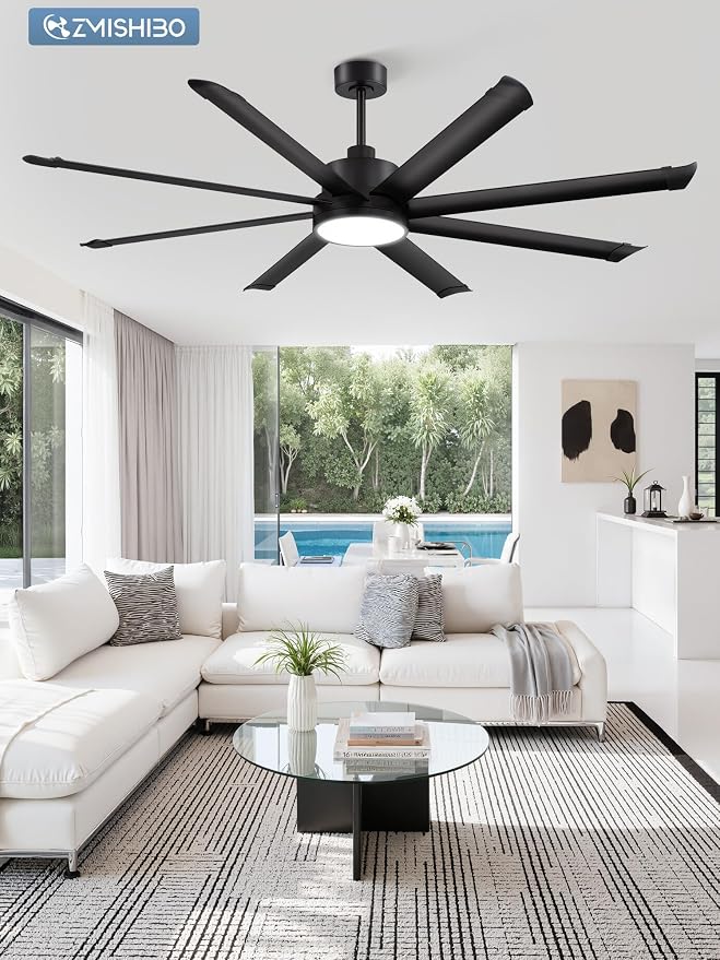 ZMISHIBO 72 Inch Ceiling Fans with Lights, Indoor/Outdoor Industrial Ceiling Fan with 8 Aluminum Reversible Blade, Quiet DC Motor, 3CCT&6-Speed Remote Control, Damp Rated for Living Room/Garage/Gazebo