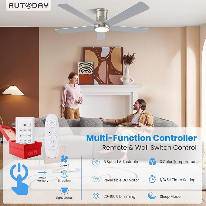 52 Inch Low Profile Ceiling Fan with Light, Burshed Nickel Ceiling Fans with Lights and Remote, Flush Mount, 6 Speeds Quiet DC, 3CCT Dimmable, Indoor Outdoor Ceiling Fans for Patios Bedroom