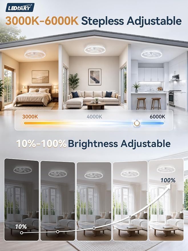 LEDIARY 26" Ceiling Fans with Lights and Remote, Low Profile,Large, White | 3000K-6000K Stepless Dimmable Fandelier, Reversible DC Motor, Remote and APP Control, Bedroom Kitchen Living Room Fan Light