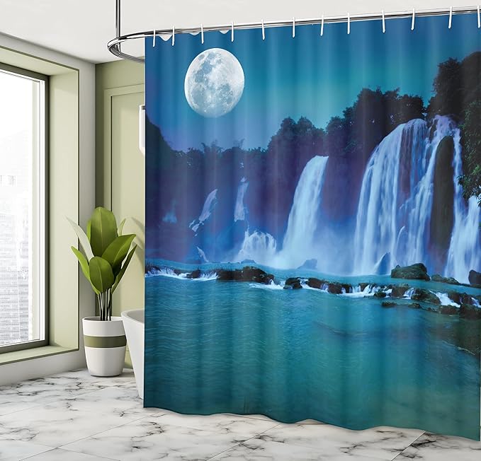 Ambesonne Waterfall Shower Curtain, Waterfall Under Moonlight Full Moon Nature Midnight View, Cloth Fabric Bathroom Decor Set with Hooks, 69" W x 75" L, Turquoise Navy