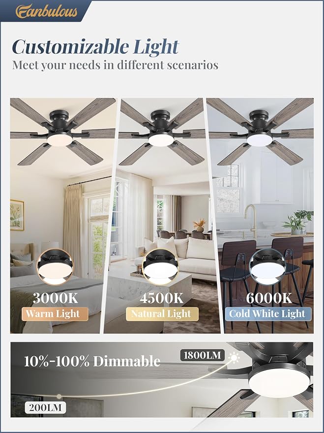 Fanbulous 52 Inch Ceiling Fan with Lights, APP & Remote Control, Flush Mount Low Profile Black Ceiling Fan, 3000-6000K Dimmable LED, Quiet Reversible Motor, 6 Blades, 6 Speeds, for Bedroom Living Room
