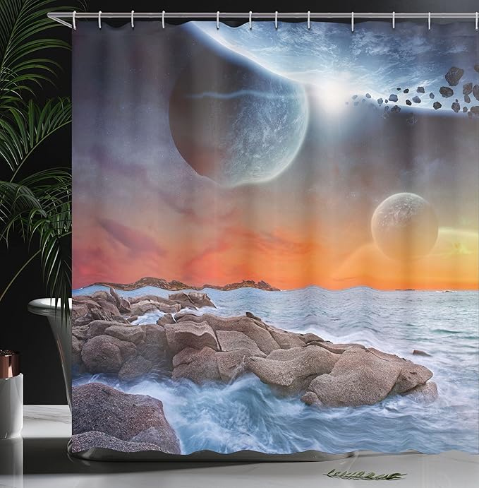Ambesonne Galaxy Shower Curtain, Planet Landscape View from a Rocky Beach Ocean Science Theme Astro Art Illustration Print, Fabric Bathroom Decor Set with Hooks, 69" W x 75" L, Orange Umber