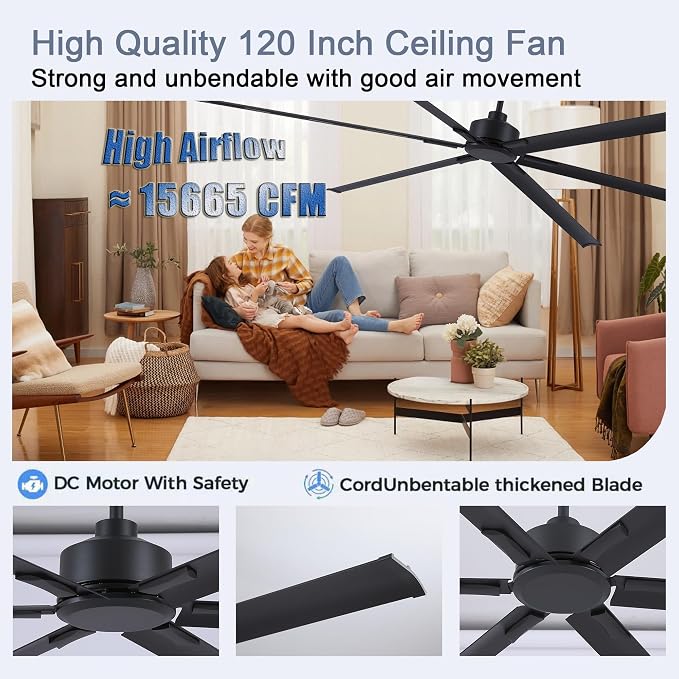 120 Inch Ceiling Fans No Light, Large Industrial Ceiling Fan with 6 Aluminium Blades, Quiet DC Motor, 6 Speeds, Modern Ceiling Fan without Light for Garage/shop/living room,Black