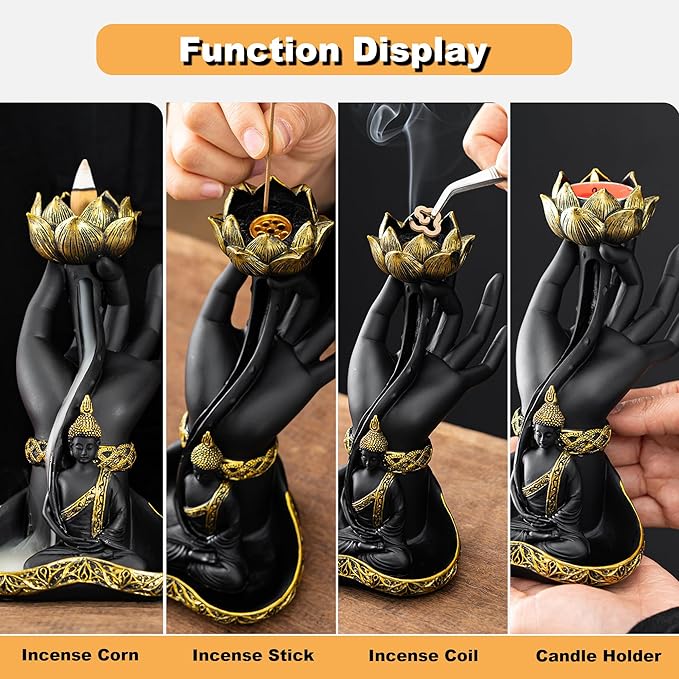 Hand-Held Lotus Backflow Incense Burner & Candle Holder - Zen Waterfall Incense Fountain with Buddha Statue, Resin Incense Burner for Home Decor, Meditation & Yoga Relaxation