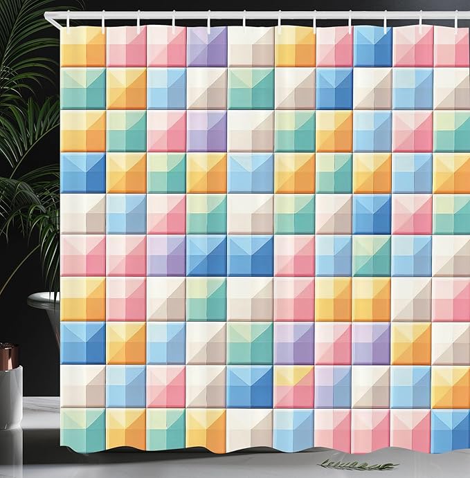 Ambesonne Colorful Shower Curtain, Modern Grid Design Checkered Pastel Tones with Futurist Line Details Colour Jumble, Cloth Fabric Bathroom Decor Set with Hooks, 69" W x 75" L, Multicolor