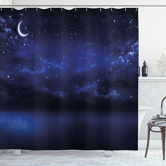 Ambesonne Night Sky Shower Curtain, Starry Cartoon Design Sky with Lunar Moon and Stars Clouds Sea Scenery, Cloth Fabric Bathroom Decor Set with Hooks, 69" W x 84" L, Dark Blue and White