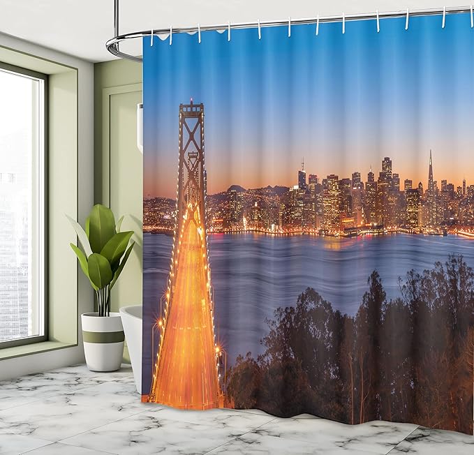 Ambesonne City Shower Curtain, Bay Bridge San Francisco California USA Urban Engineering Landmark Print, Cloth Fabric Bathroom Decor Set with Hooks, 69" W x 75" L, Pale Blue Orange Dimgrey