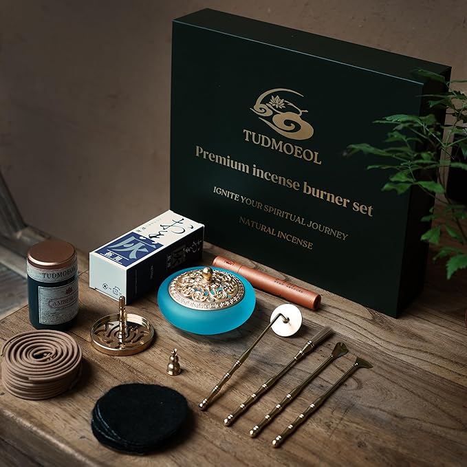 Powder Incense Burner Kit with Brass Censer, Incense Ash Tools and Mold Press Set, Complete Gift Box for Meditation, Yoga and Home Relaxation