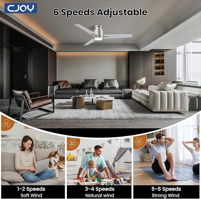 CJOY 52" Low Profile Ceiling Fan with Light and Remote, Brushed Nickel Ceiling Fans, 6 Speed Reversible DC Motor, 3CCT Dimmable LED- Flush Mount Design for Bedroom, Living Room & Covered Outdoor
