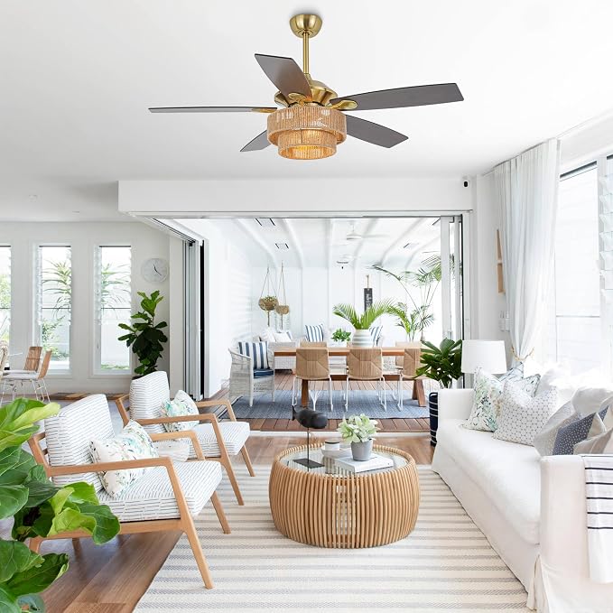 52" Farmhouse Ceiling Fan with Light and Remote Control, Boho Ceiling Fans with 6-Speed Reversible Motor, Timing Function, 5 Dual Finish Blades for Living Room, Bedroom, Patio