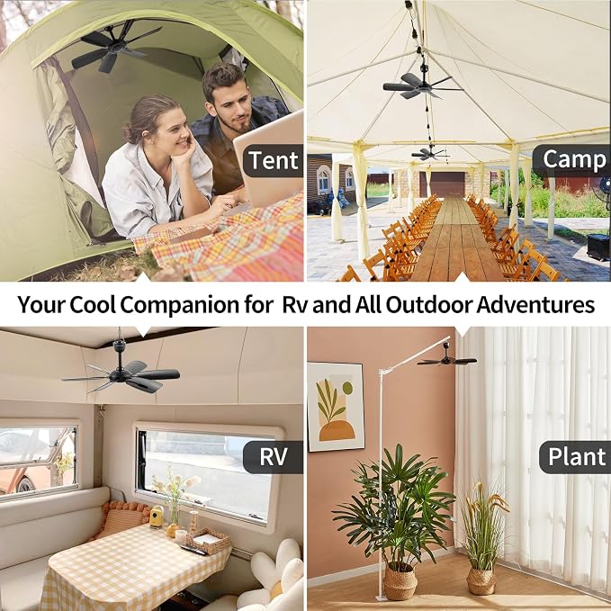 17.7" Inch Portable Ceiling Fan with Remote Control Timing 3 Speed,USB Plug In,5V DC Powered,6 Blades,Indoor/Outdoor RV Camping Tent Canopy,Gazebo,Beach,Hanging,Quiet,black