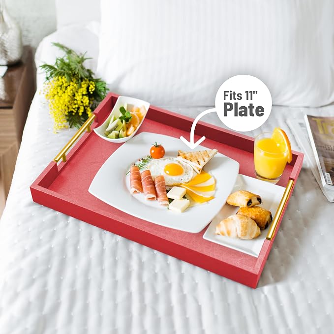 ATZYmolin 17"x12" Leather Serving Tray, Gold Handle Vanity Platter, Red | Rectangle Ottoman Decor Tray, Polished Metal Handles, Coffee Table Bathroom Home Decorative Wood Tray