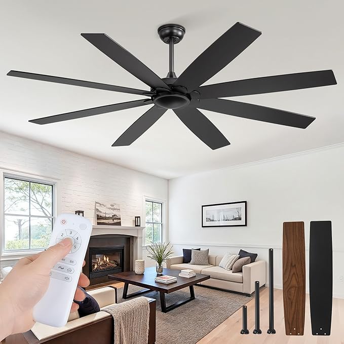 Fanbulous 65 inch Indoor/Outdoor Ceiling Fan No Light，Quiet DC Motor Fan Reversible 6-Speeds, 8 Blades Ceiling Fans with remote for Bedroom Low Profile Ceiling Fan for Living Room for Patio(Black)