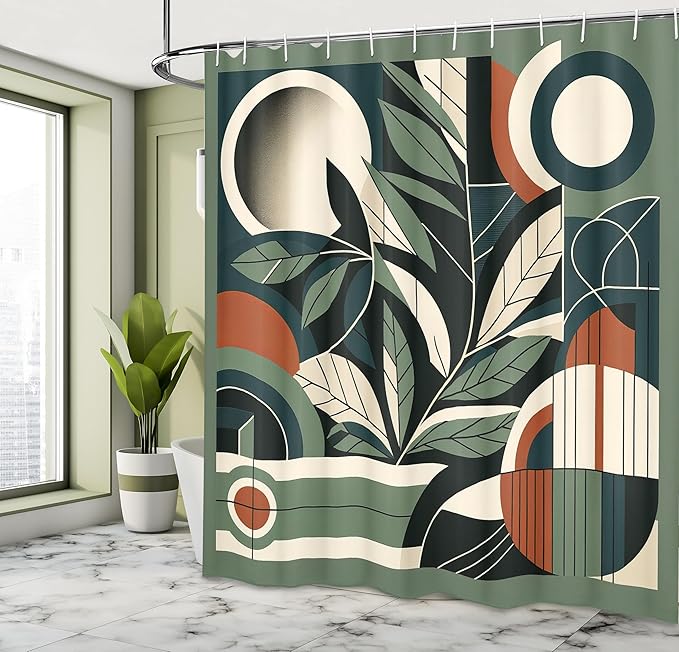 Ambesonne Mid Century Modern Shower Curtain, Leaves Art with Abstract Retro Geometric Lines and Shapes, Cloth Fabric Bathroom Decor Set with Hooks, 69" W x 84" L, Sage Green Cinnamon Beige